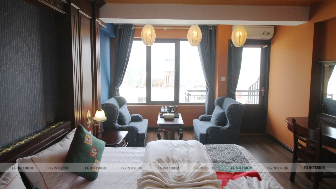 Thiết kế nội thất Pearl Hotel tân cổ điển kết hợp với phong cách phối màu color block 